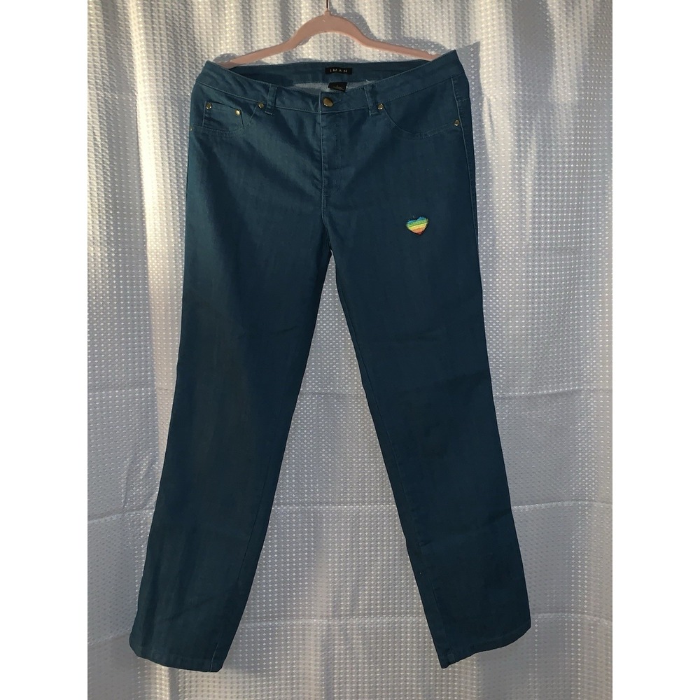 Iman Womens Size Medium Dark Aqua Jeans Embroidered‎ Heart